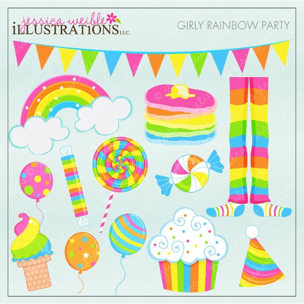 Girly Rainbow Party Cute Digital Clipart for Commercial or Personal Use, Rainbow Clipart, Rainbow Graphics Il_570xn