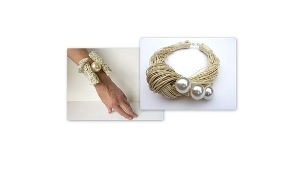 GIFT IDEA Ivory Linen necklace with pearls and crochet bracelet / Shell / Organic Ivory Linen Bib /Bridal Necklace Gift