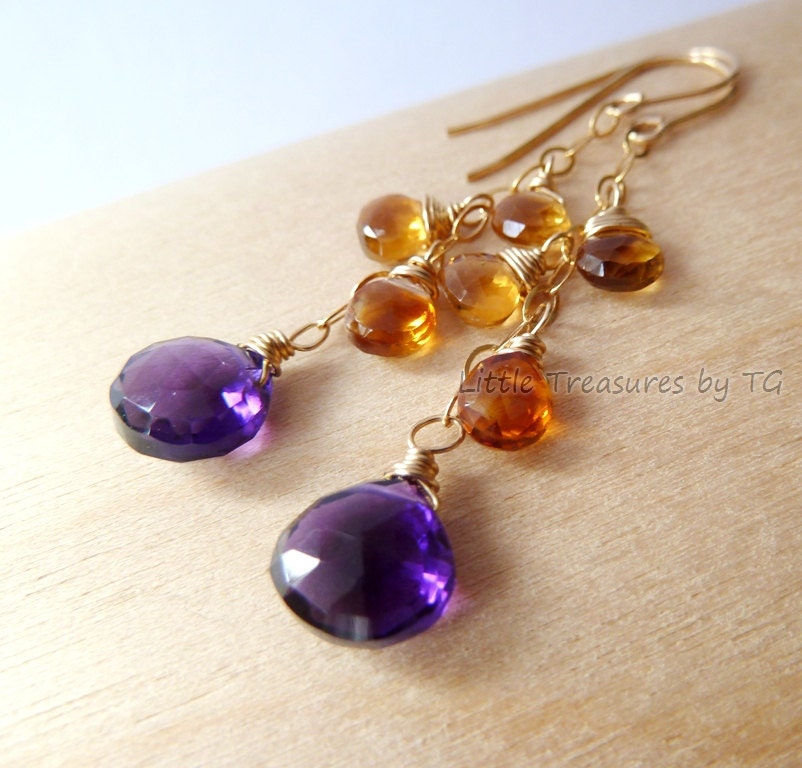 Purple Amethyst Madeira Citrine gold earrings Handmade Elegant. Birthstone earrings. Amethyst Citrine earrings