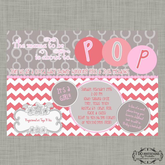 The mama to be is about to POP Baby Shower Invitation - Pink, Coral & Gray - Digital File Il_570xn