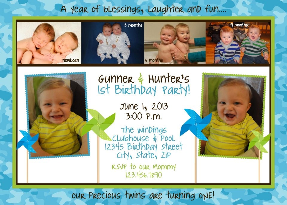 Twin Boys 1st Birthday Invitation with Photos - Pinwheels - Digital FIle Il_570xn