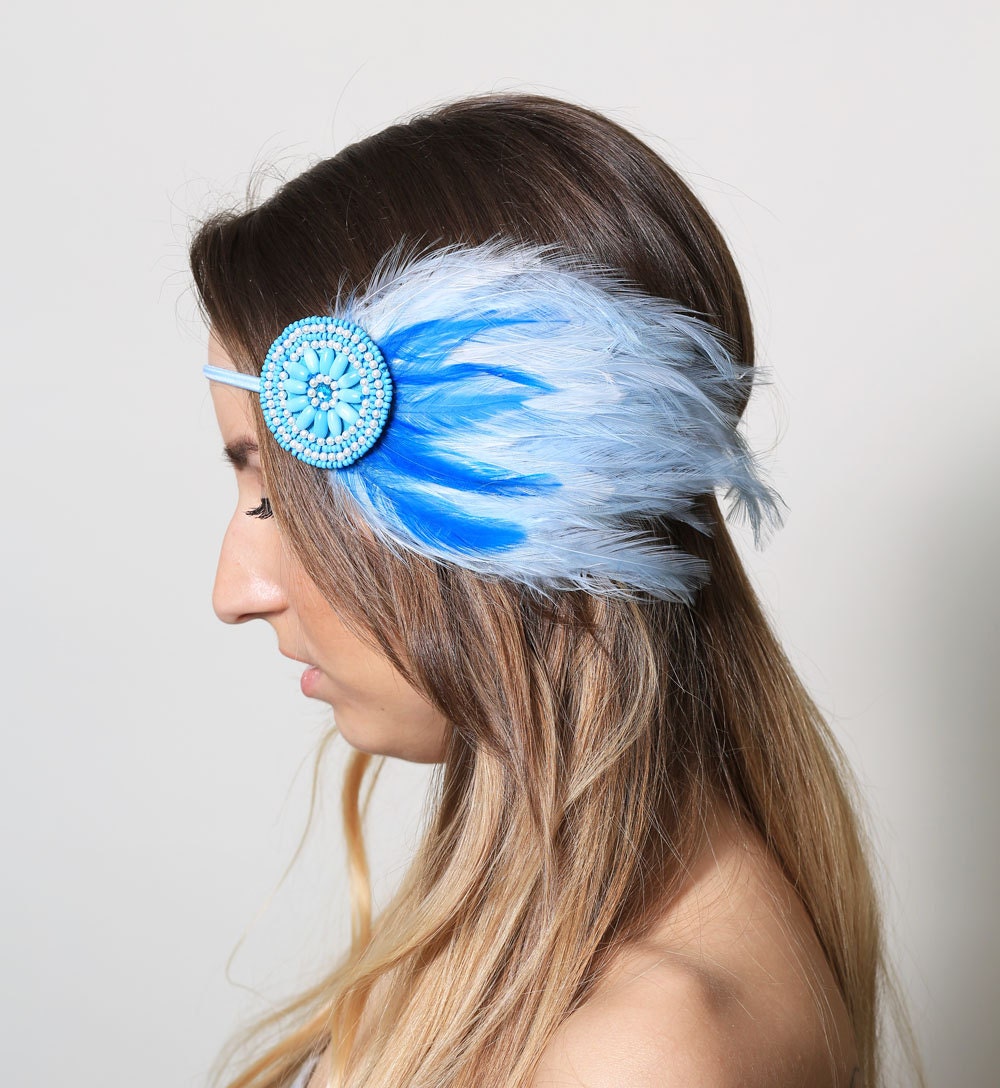 Sea Maiden Feather Beaded Headband - mermaid, ocean, wave, water, blue - neesiedesigns