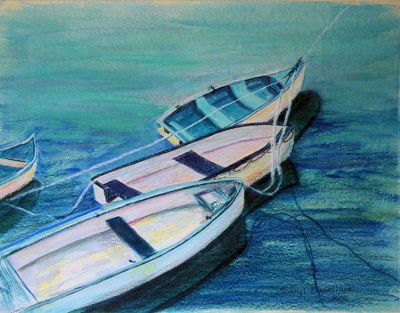 Watercolor and Colored Pencil Drawing Boats in Blue by SLMGallery