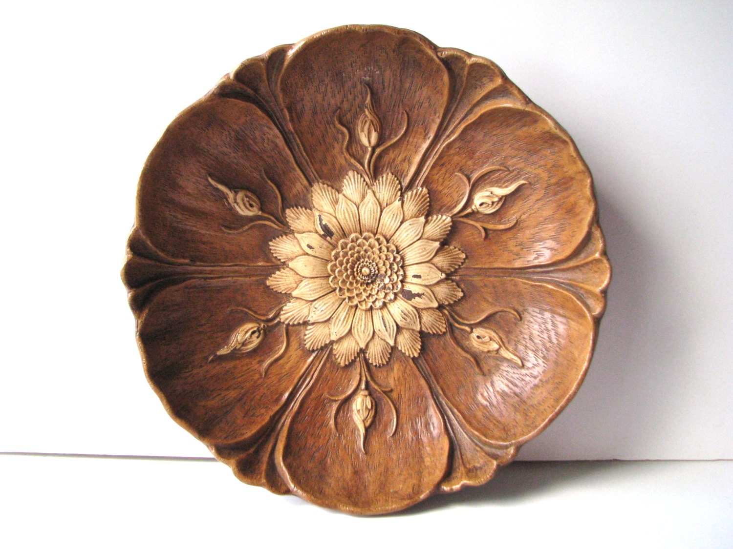 Large Brown Flower Bowl Wood Grain Resin Vintage by ColorMeVintage