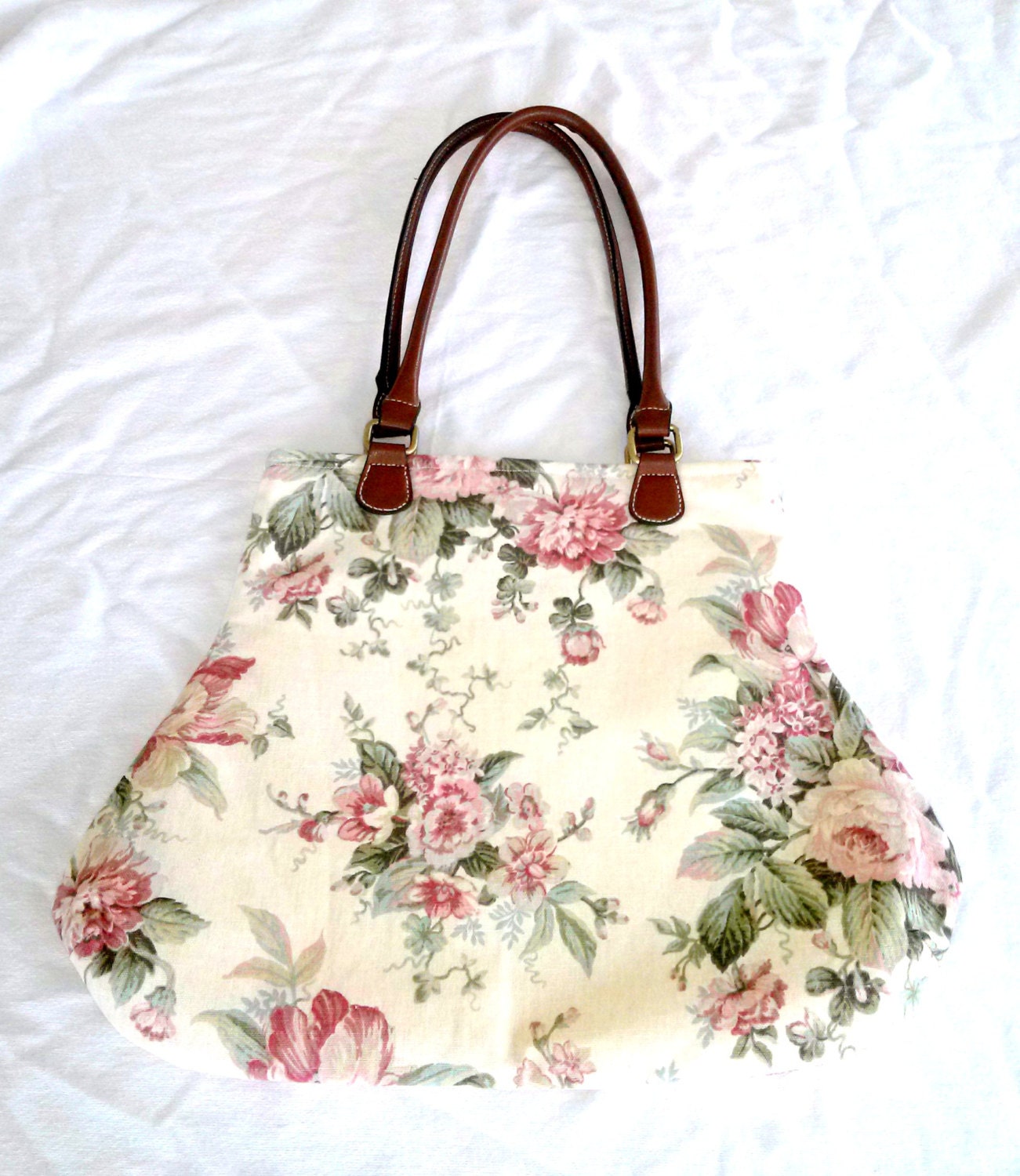 Pink Floral Cottage Chic Cotton Fabric Handbag Recycled Handles