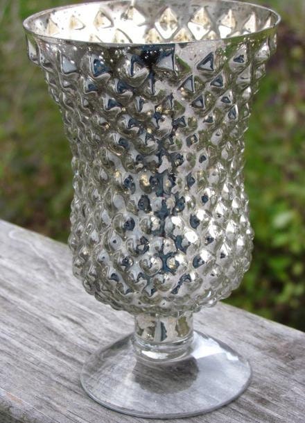 Set 10 MERCURY GLASS SILVER Speckled Glass Vase Pedestal Footed Stemmed Candle Holder Votive Hobnail BeeHive Tea Light Vintage Wedding 6"