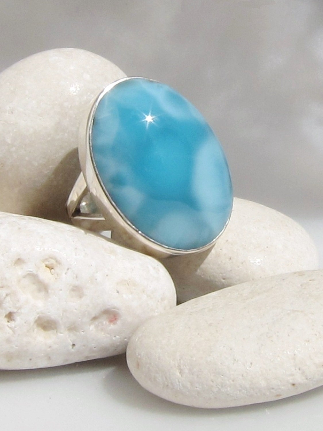 Larimar cocktail ring, Summer Dreams - gorgeous mottled sky blue Larimar gemstone - US 8