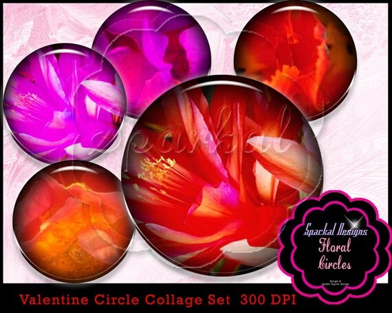 Red Floral Circle Images Digital Collage Sheet Valentine 1 inch Circle images Bottlecap Images Red Pink Valentine Clip art Il_570xn