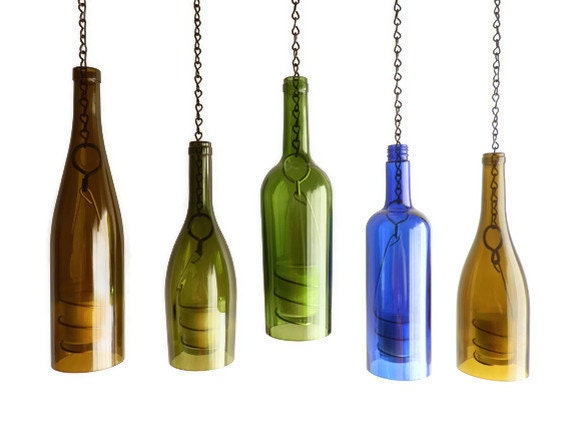 Green Glass Wine Bottle Candle Holder Hanging Hurricane Lantern
