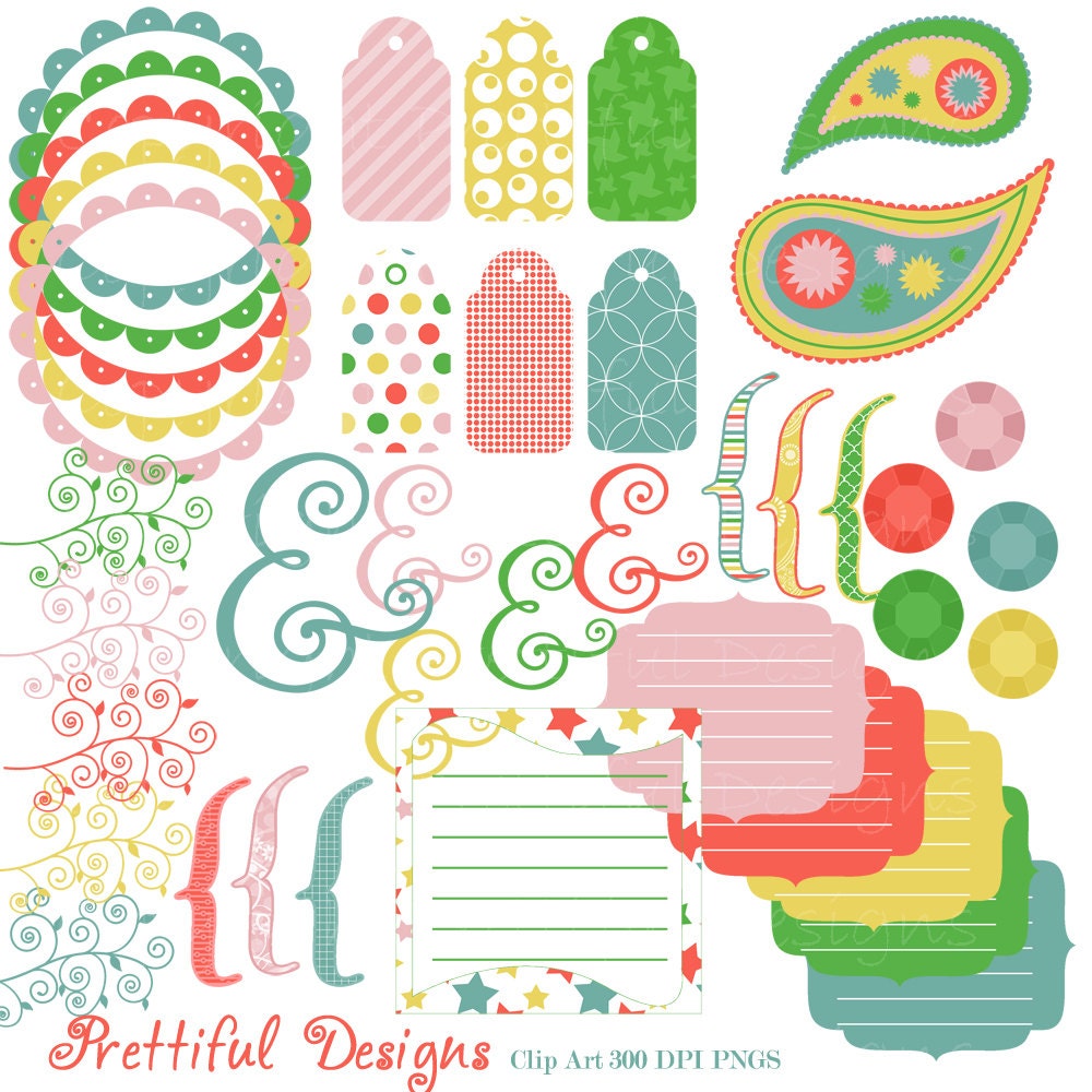 50% OFF SALE Muted Rainbow Colored Clip art Paisleys Digital Frames Ampersand Rhinestone - Sidewalk Chalk (660) Il_570xn