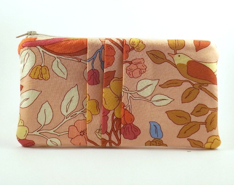 Pleated Pouch/ Zipper Pouch/ Peach Pink Pouch/Wallet/Gift for Women/Flowers/Birds/Blue - Eyelah