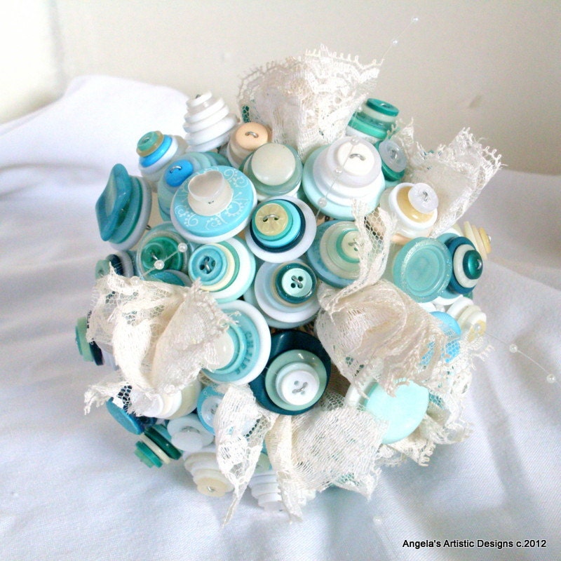 Teal and cream Wedding Button Bouquet set, boutonniere - AngelasArtistic
