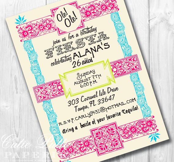 Vintage Fiesta Party, Mexican Party - PRINTABLE CUSTOMIZED INVITATION - Cutie Putti Paperie Il_570xn