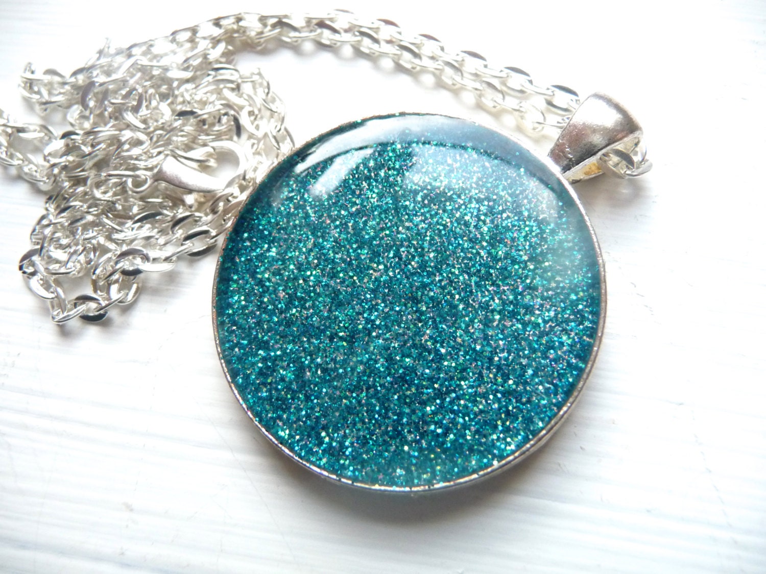 Blue Teal Glitter Resin Pendant on 24 inch Silver Chain - Mylana