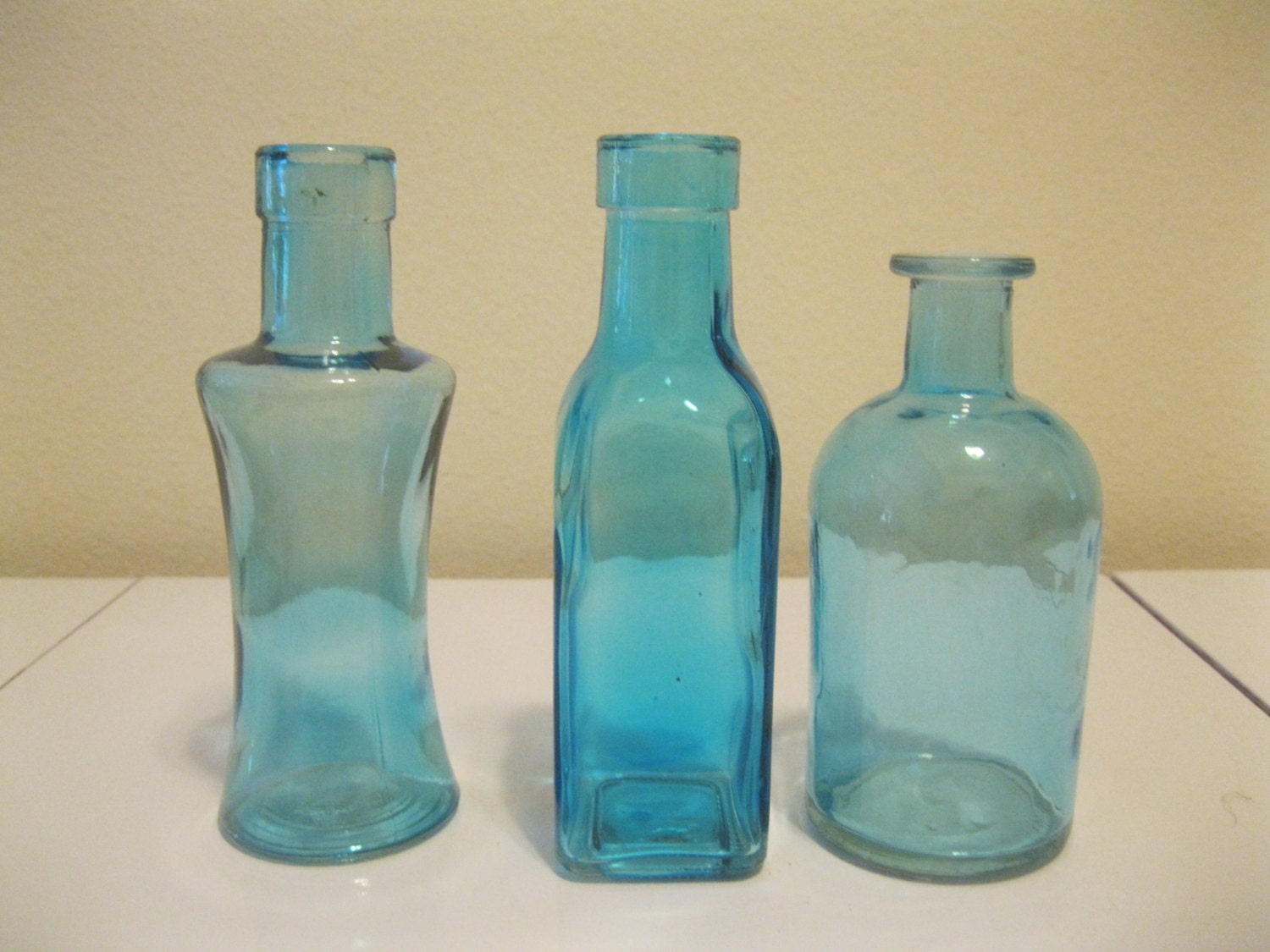 3-Blue Decorative Colored glass bottles floral by ...