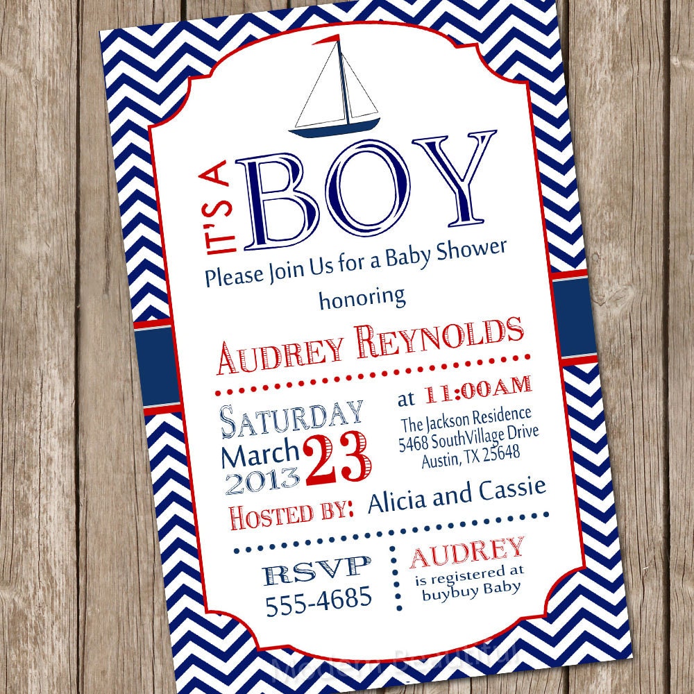 Chevron sailboat baby shower invitation, red, blue, sailboat, nautical, digital file Il_570xn