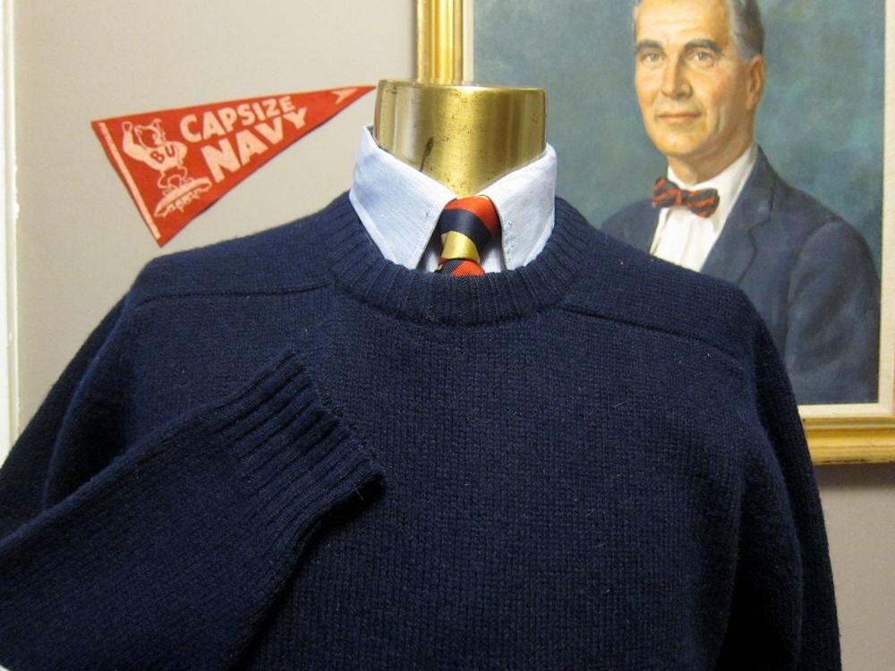 Vintage Navy Blue Saddle Shoulder Shetland Sweater Medium by Boston Clipper