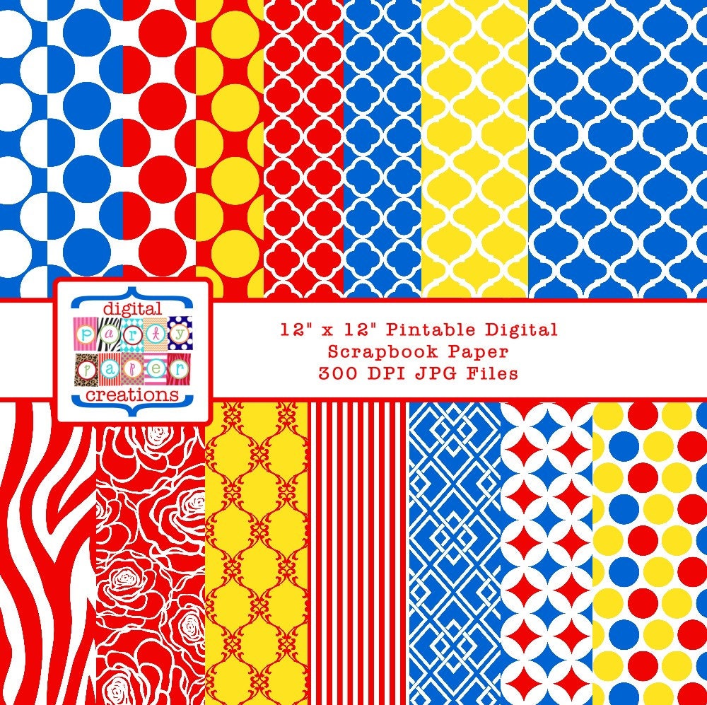 Digital Paper Pack - Primary Colors Quatrefoil, Dots, Stripes, Floral INSTANT DOWNLOAD Il_570xn