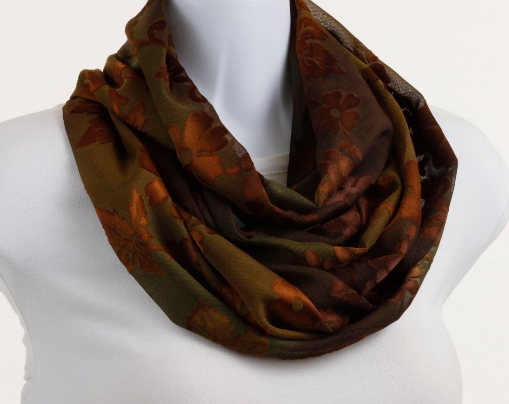 Elegant Infinity scarf - Rich Copper Floral BurnOut on a subtle Green Background - neckStyles