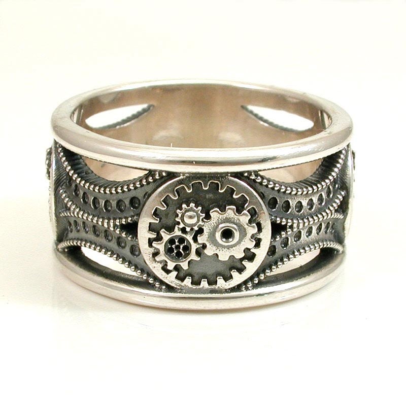 Silver Gear Ring - Steampunk Art Deco Mens Ring