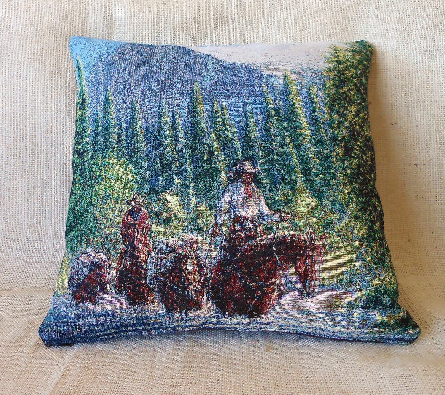 Western Cowboy Pillow Cover - pack horse and mule in mountain tapestry