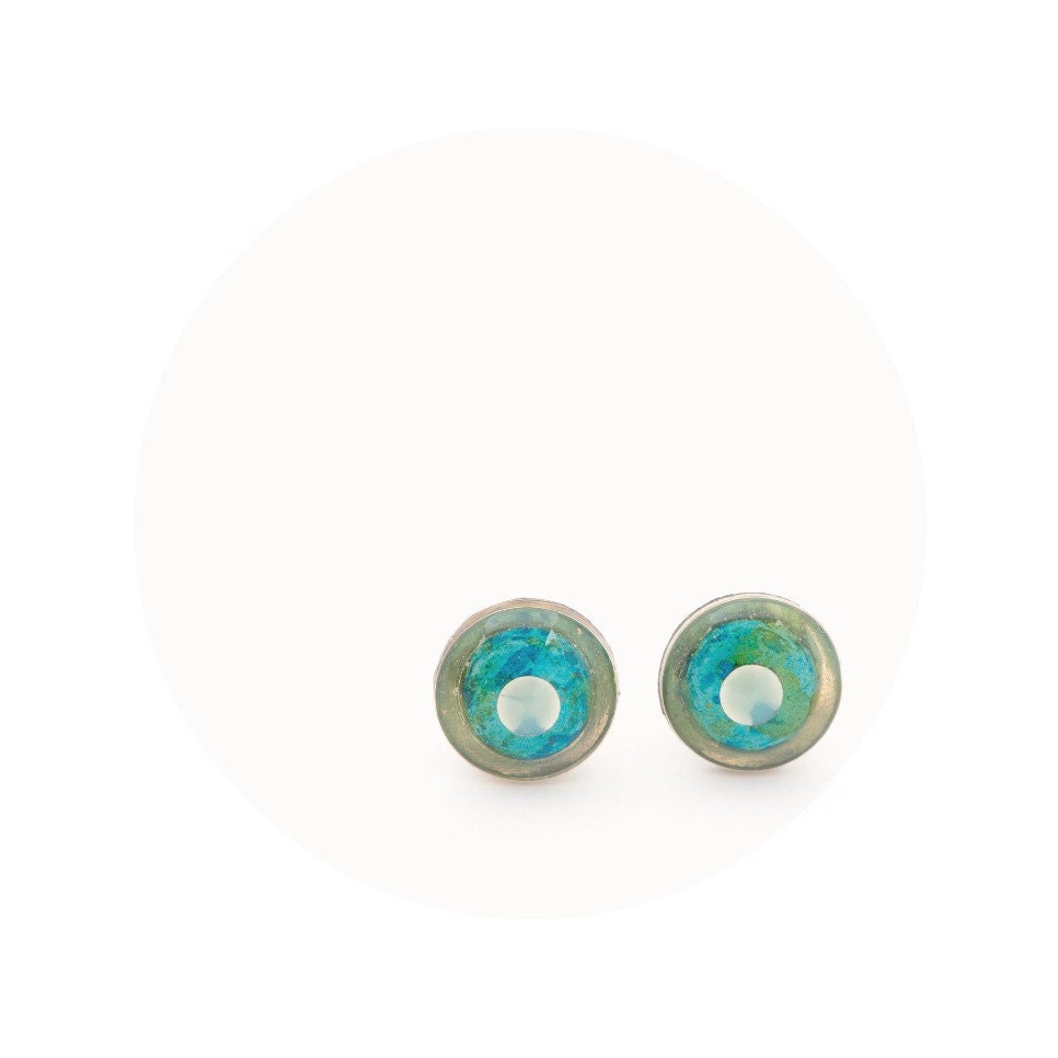 Small Turquoise and Gold Posts, Round Paper Earrings, Peacock Earrings - efratim