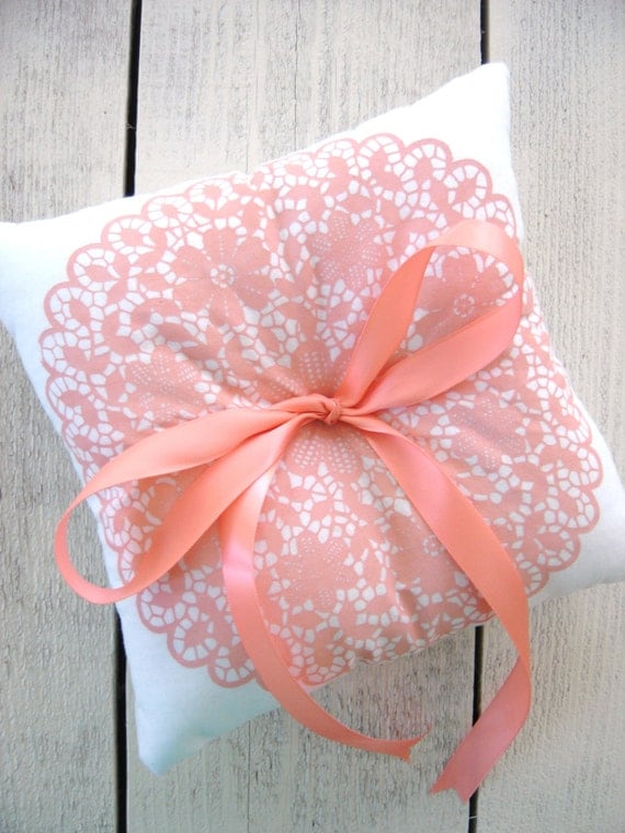 Peach Ring Bearer Pillow, Doily Ring Bearer Pillow, PEACH Wedding, Vintage Wedding