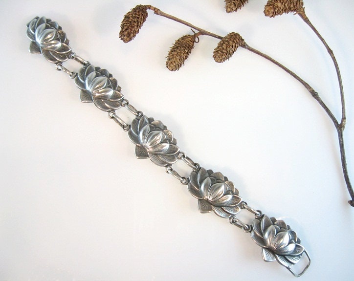 Silver Water Lily Bracelet Early Vintage Danecraft Sterling Silver Pond Flower Felch Co 1940s Jewelry