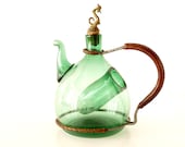 Vintage Italian Green Glass Wine Carafe with Metal and Leather Handle and Ice Chiller (Hand-Blown Glass) - ThirdShift