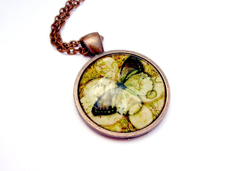 Butterfly Necklace: Olive Green. Vintage Globe. Pendant. Charms. Art. Butterfly Jewelry. Copper Jewelry. Handmade Jewelry. Lizabettas (1633) - Lizabettas