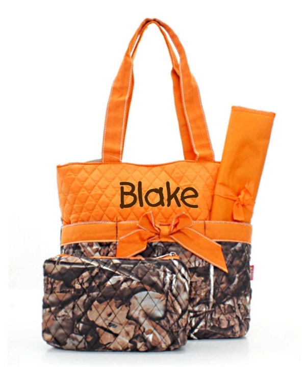 Personalized Diaper Bag Set - Camo and Orange Quilted Diaperbag Baby ...