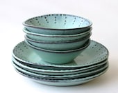 Stoneware Dinnerware Set - 8 Peices - Aqua Mist - Deep Salad Dinner Plate and Bowl - French Country - BackBayPottery