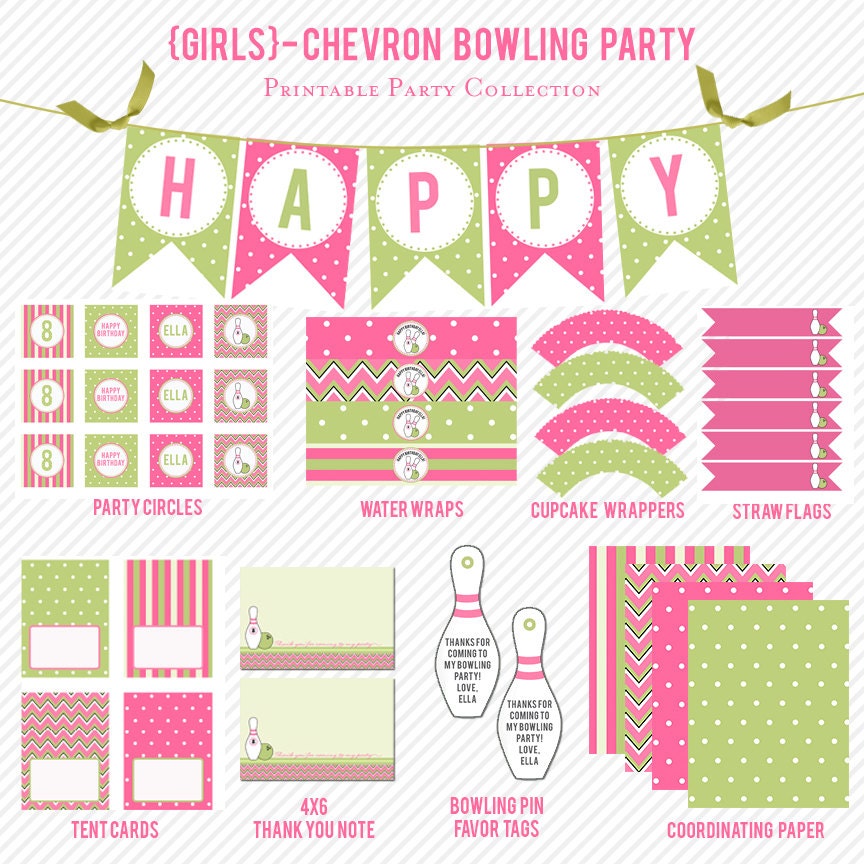 GIRLS BOWLING CHEVRON Birthday Party Collection - Pink , Black, Green - Customized Party Package Il_570xn