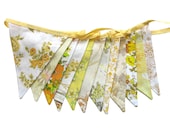 Vintage Retro Yellow / Lemon & Mustard Floral Flag Bunting. Shabby Chic Party Decoration. Wall hanging Pennant OOAK - MerryGoRoundHANDMADE