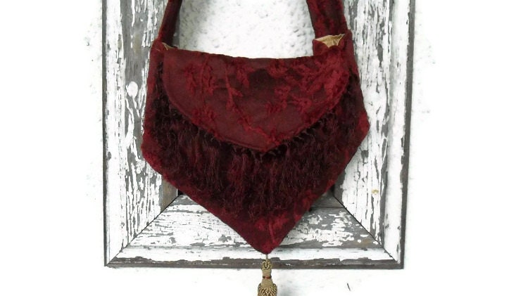 Bohemian Gypsy Bag Purse Burgundy Cut Chenille with Tassel