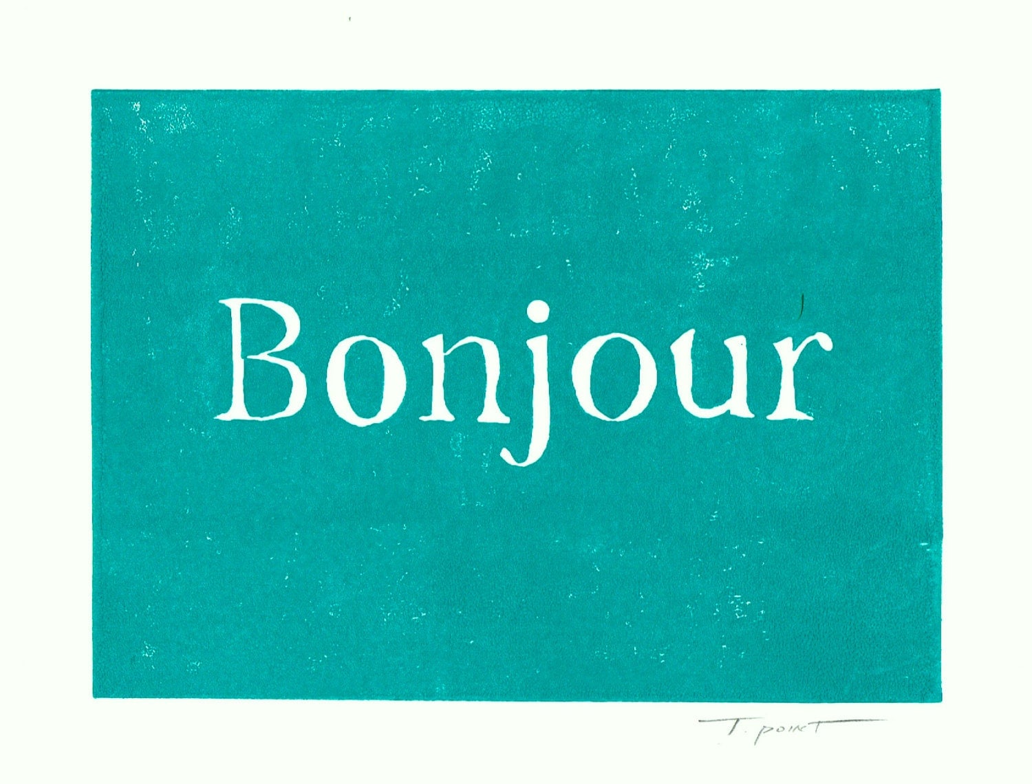 SALE Bonjour French Typography Linocut Art Print 5 X 7 Home Decor 