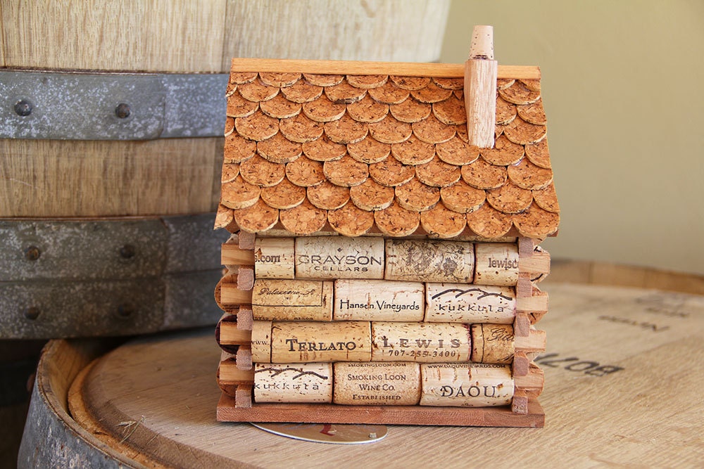 Log Cabin Birdhouse Wood And Wine Corks By Carefullycorked On Etsy