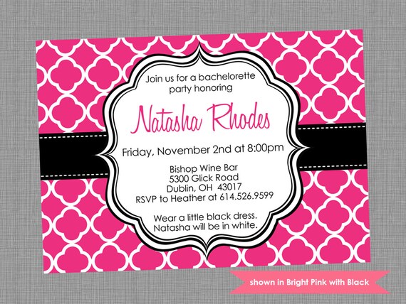 Printable Bachelorette Party Invitation - Bachelorette Themed Quatrefoil Invite - Colors and Text Customizable Il_570xn