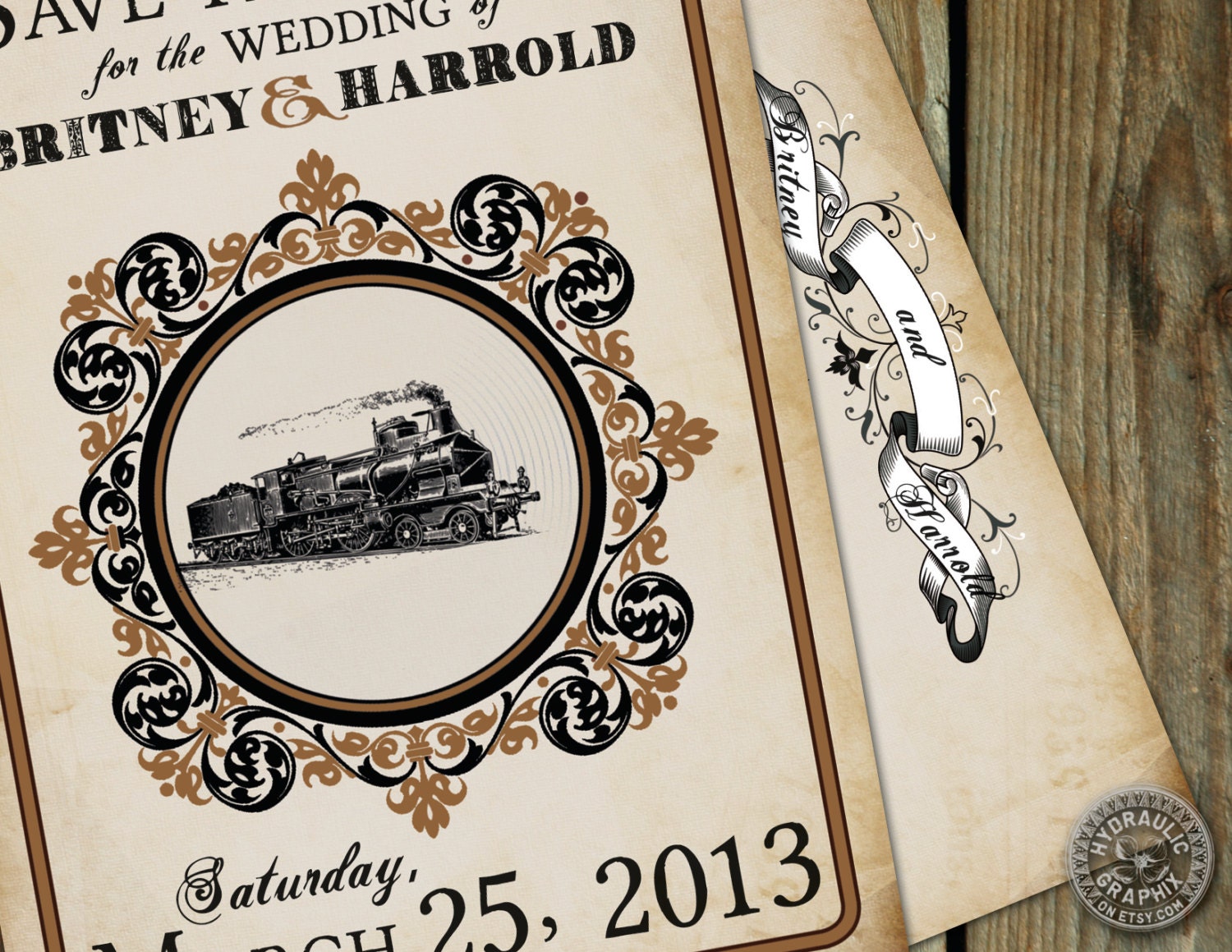 Steampunk inspired Train Postcard Save the Date for wedding or birthday at train station Il_570xn