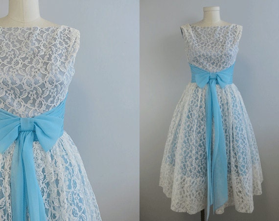 Vintage 1950s Prom Dress / 50s White Lace and Blue Chiffon Prom Party Dress