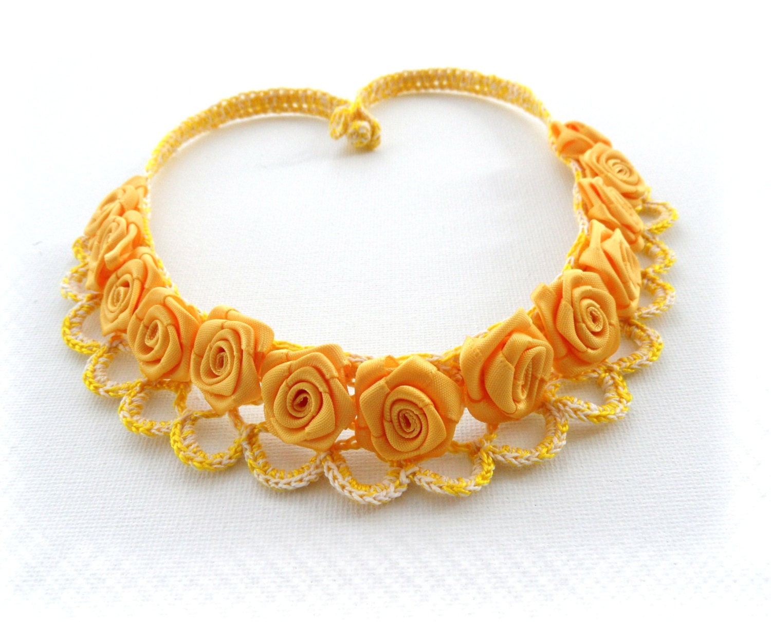 Crochet Necklace - Linen Cotton and Satin Ribbon Yellow Roses Necklace Choker - CraftsbySigita