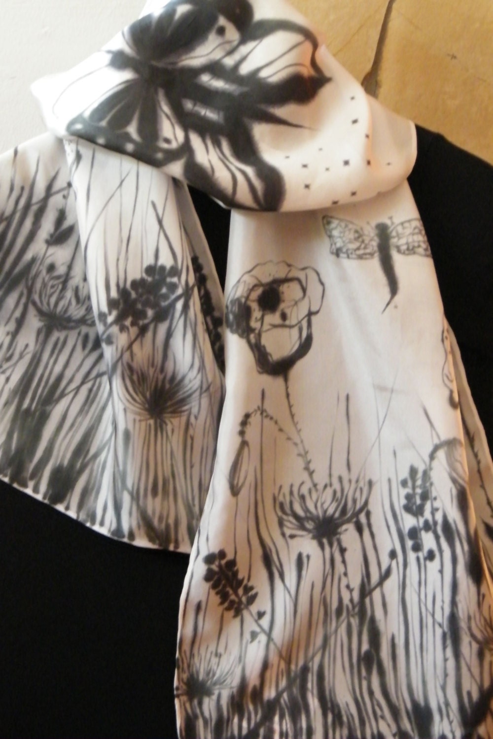 Summer Fields - hand painted silk scarf. Black and white. Butterfly. - pursilk
