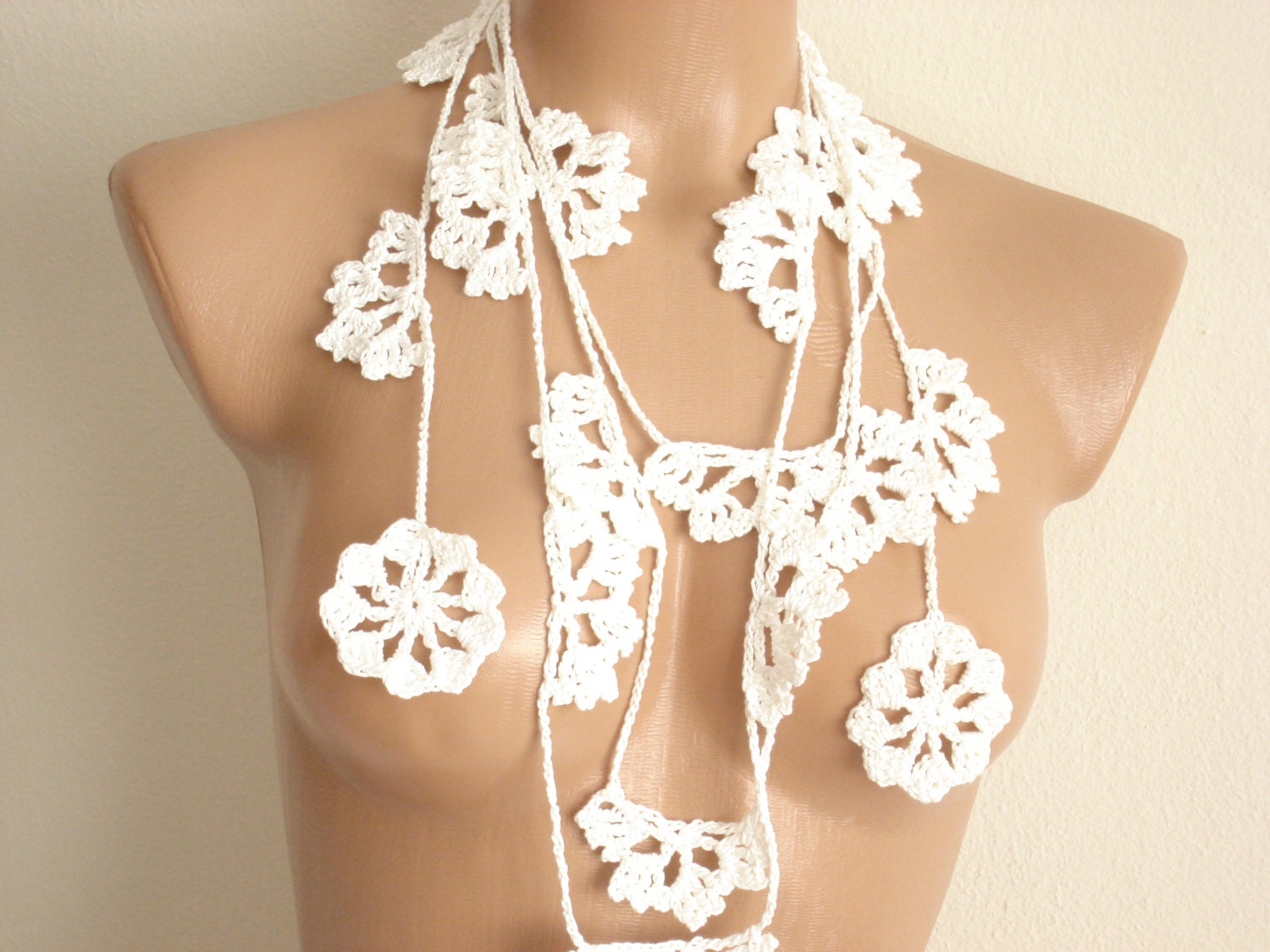 White crochet lariat, neckwarmer, necktie, scarf, necklace