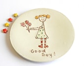 Ceramic Ring Dish Good Day Plate Blond Girl with Flower Polka Dots OOAK Candle Holder - Ceraminic
