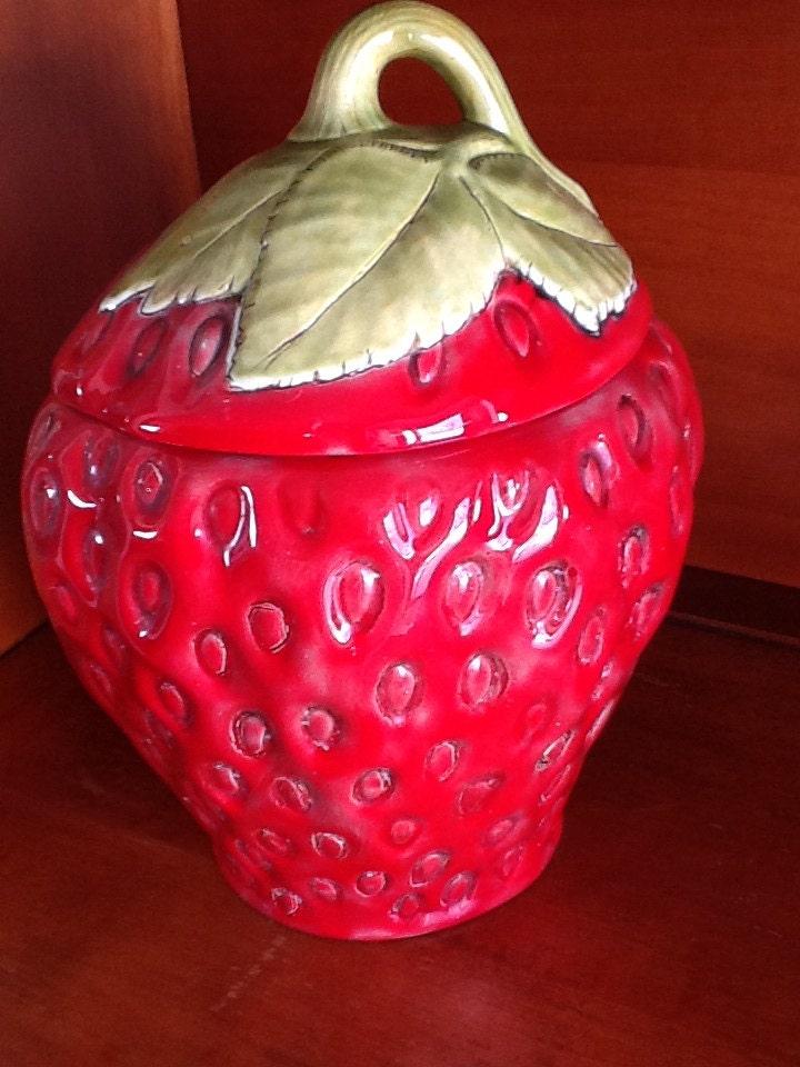 Bright Red Vintage Strawberry Cookie Jar by OkayFineVintage
