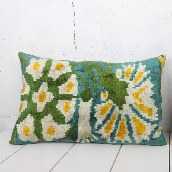 16 x 25 Decorative Pillow Accent Pillow Throw Pillow Ikat Pillow Cover Silk Pillow Green Velvet Ikat Cushion - 03393-112