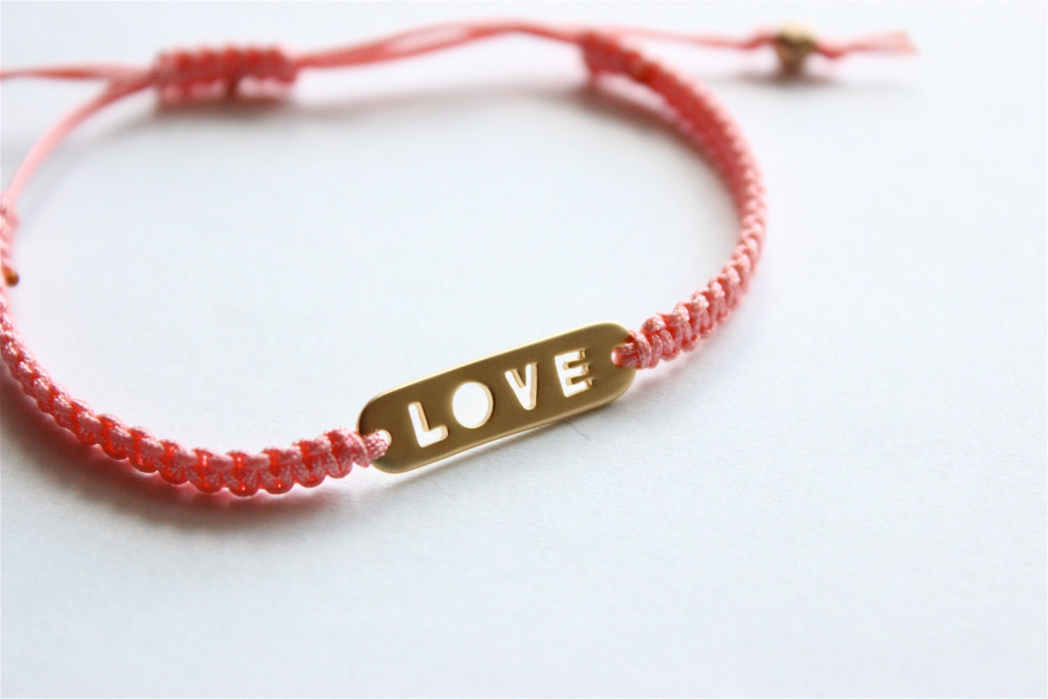 Valentine's Day LOVE Bracelet - Macrame Bracelet - Love Bracelet - Love Pendant on Coral Macrame Adjustable Bracelet - ByLolaB