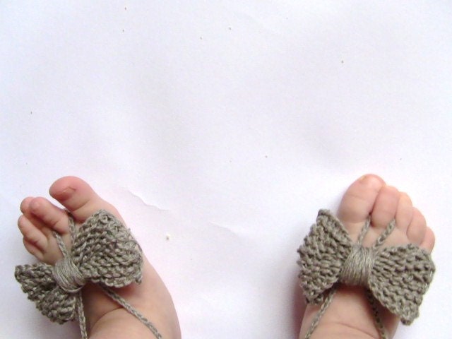 Baby Linen Barefoot, KnittedCrochet Baby Barefoot Sandals, Linen Bow ...