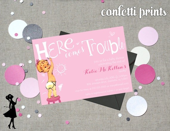 Retro Baby Shower Invitation - HERE COMES TROUBLE Printable Il_570xn