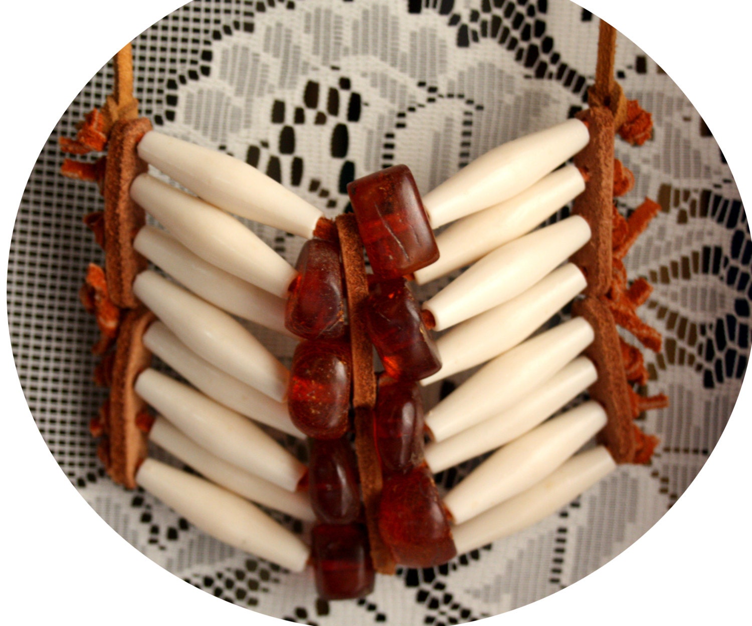 Amber Warrior Breastplate Necklace with Suede Leather, Bone Hairpipe, and Amber Beads